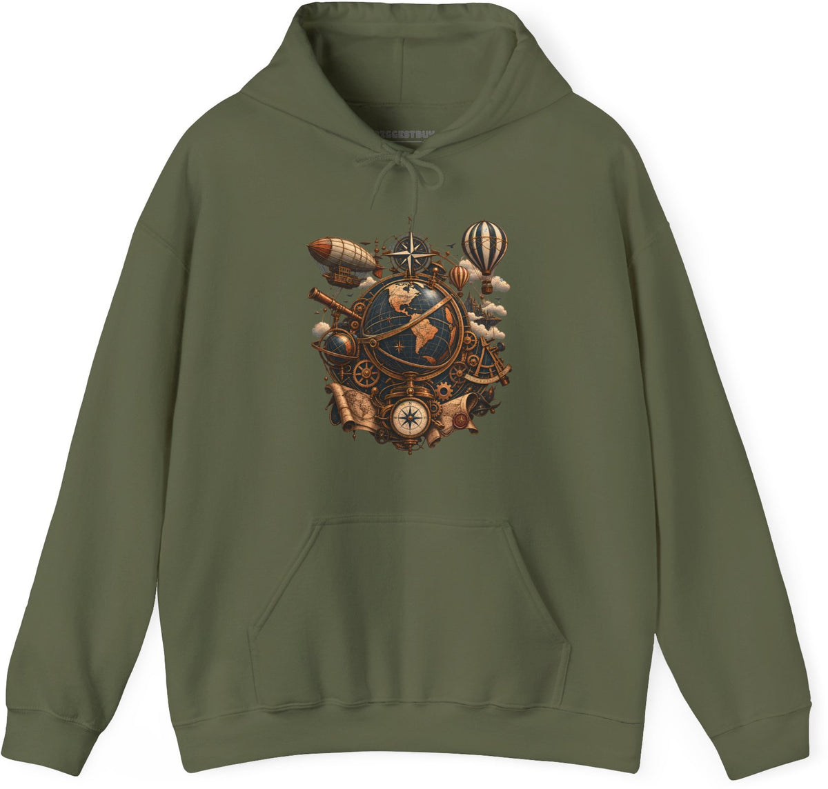 Steampunk Globe - Pullover Hoodie in Military Green, front view