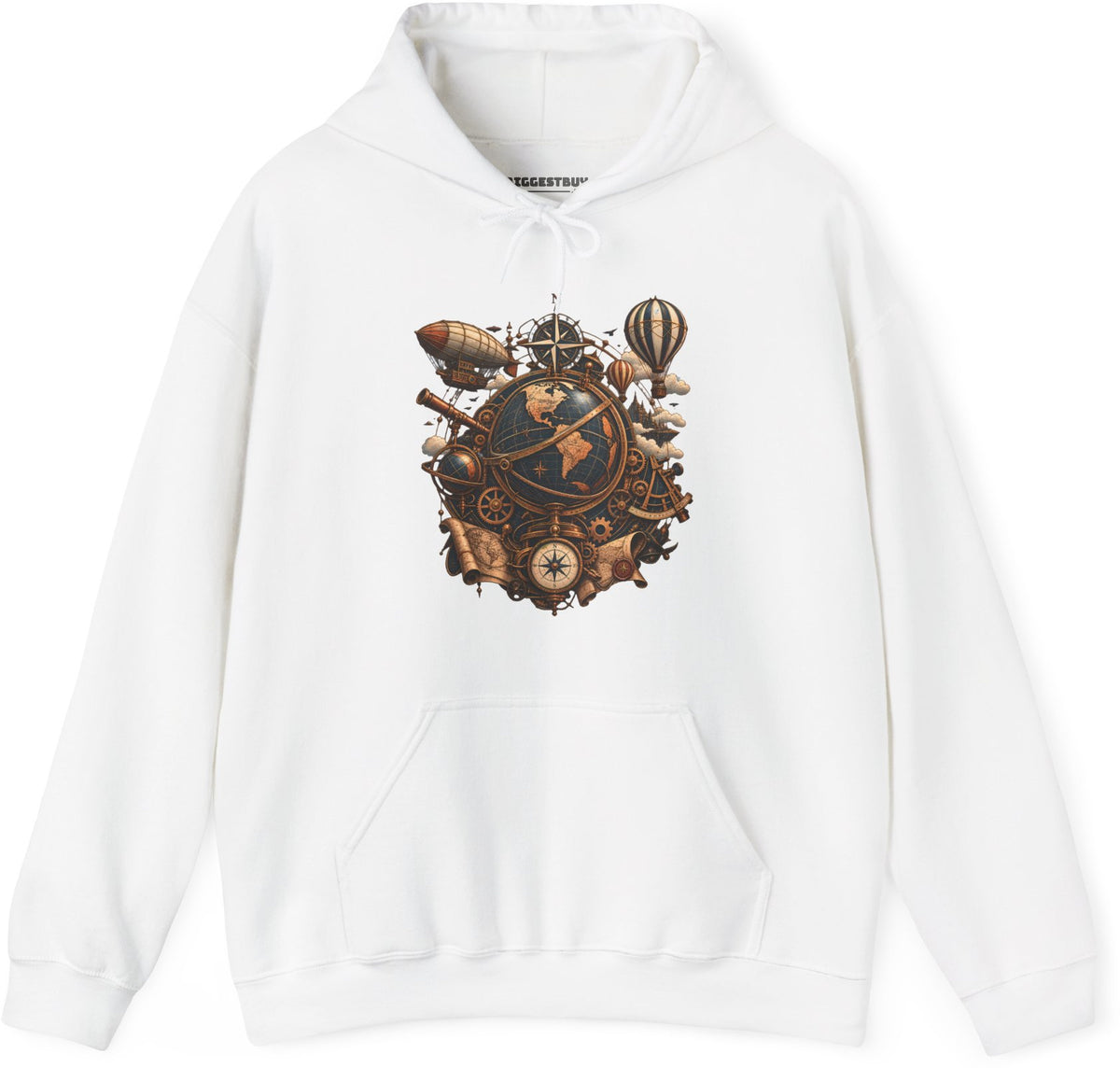 Steampunk Globe - Pullover Hoodie in White, front view
