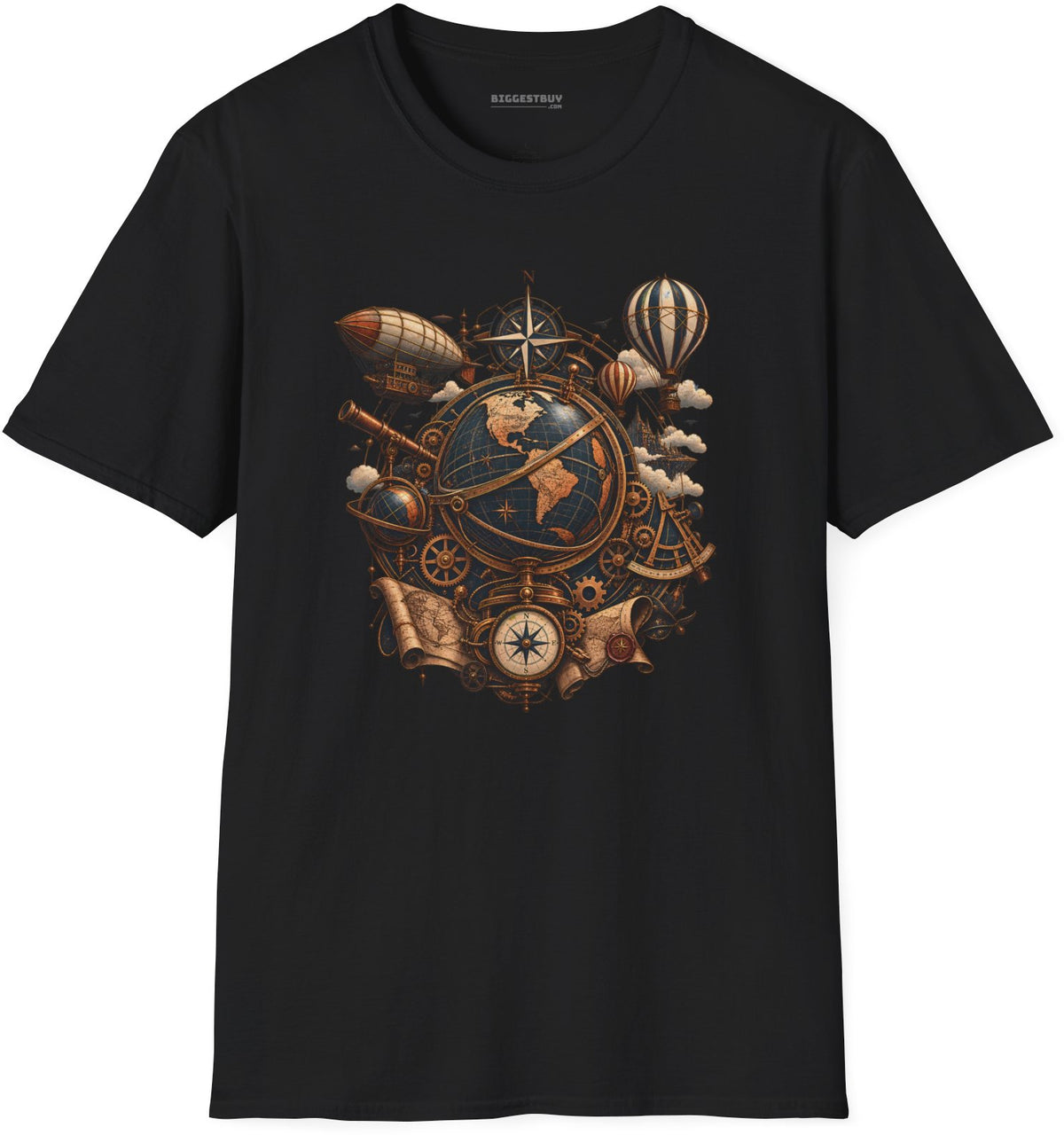Steampunk Globe - Softstyle T-Shirt in Black, front view
