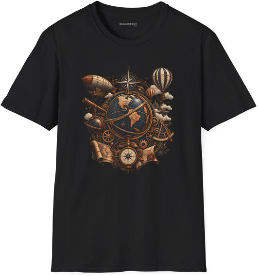 Steampunk Globe - Softstyle T-Shirt in Black, front view