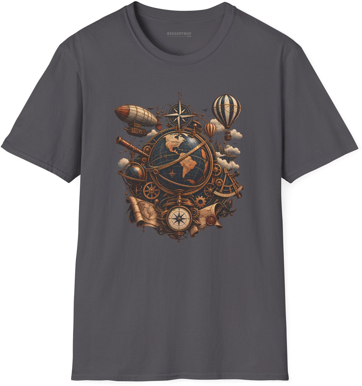 Steampunk Globe - Softstyle T-Shirt in Charcoal, front view