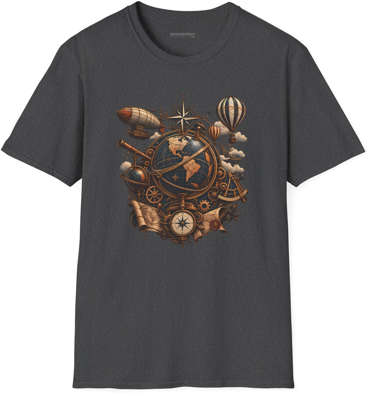 Steampunk Globe - Softstyle T-Shirt in Dark Heather, front view
