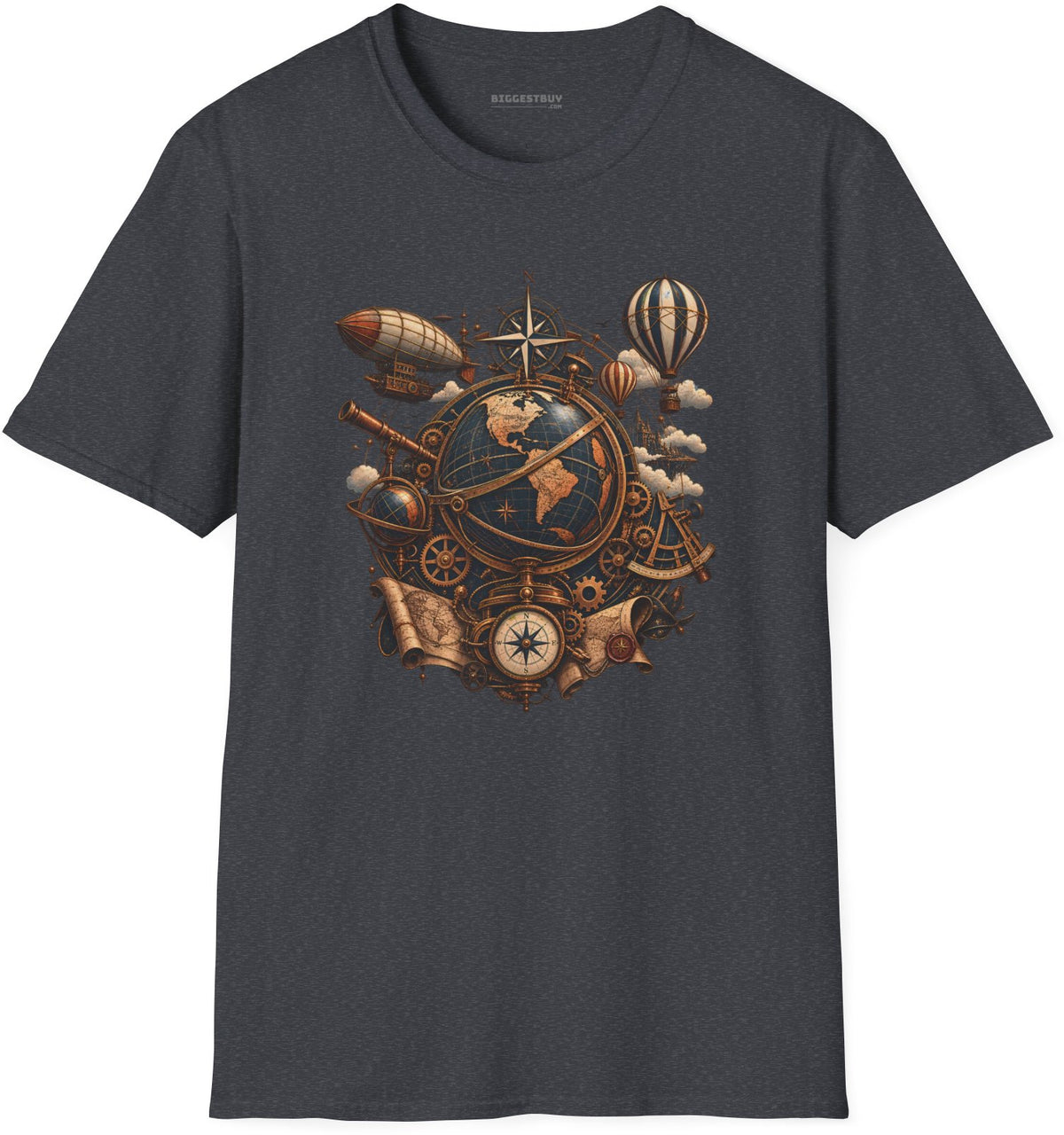 Steampunk Globe - Softstyle T-Shirt in Dark Heather Grey, front view