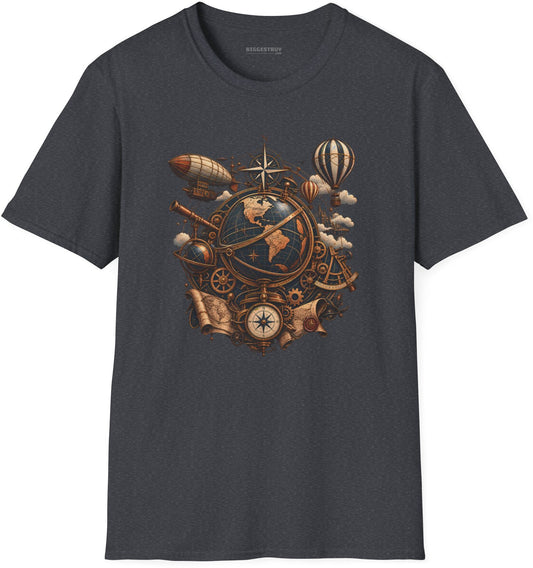 Steampunk Globe - Softstyle T-Shirt in Dark Heather Grey, front view