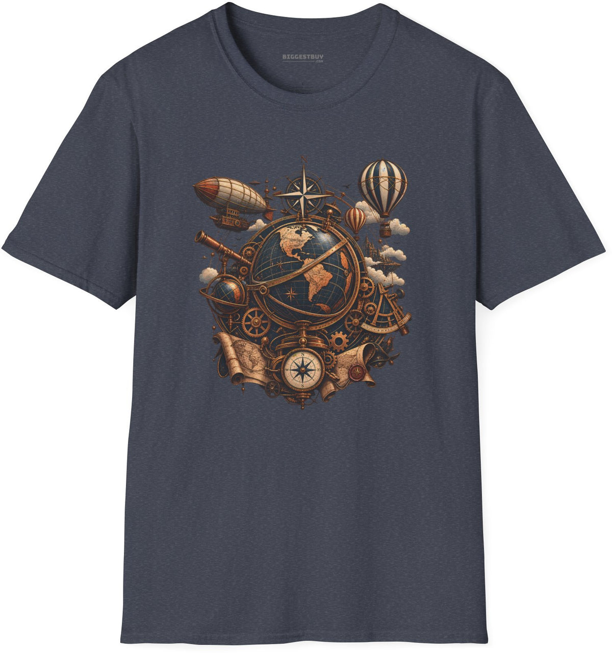 Steampunk Globe - Softstyle T-Shirt in Heather Navy, front view