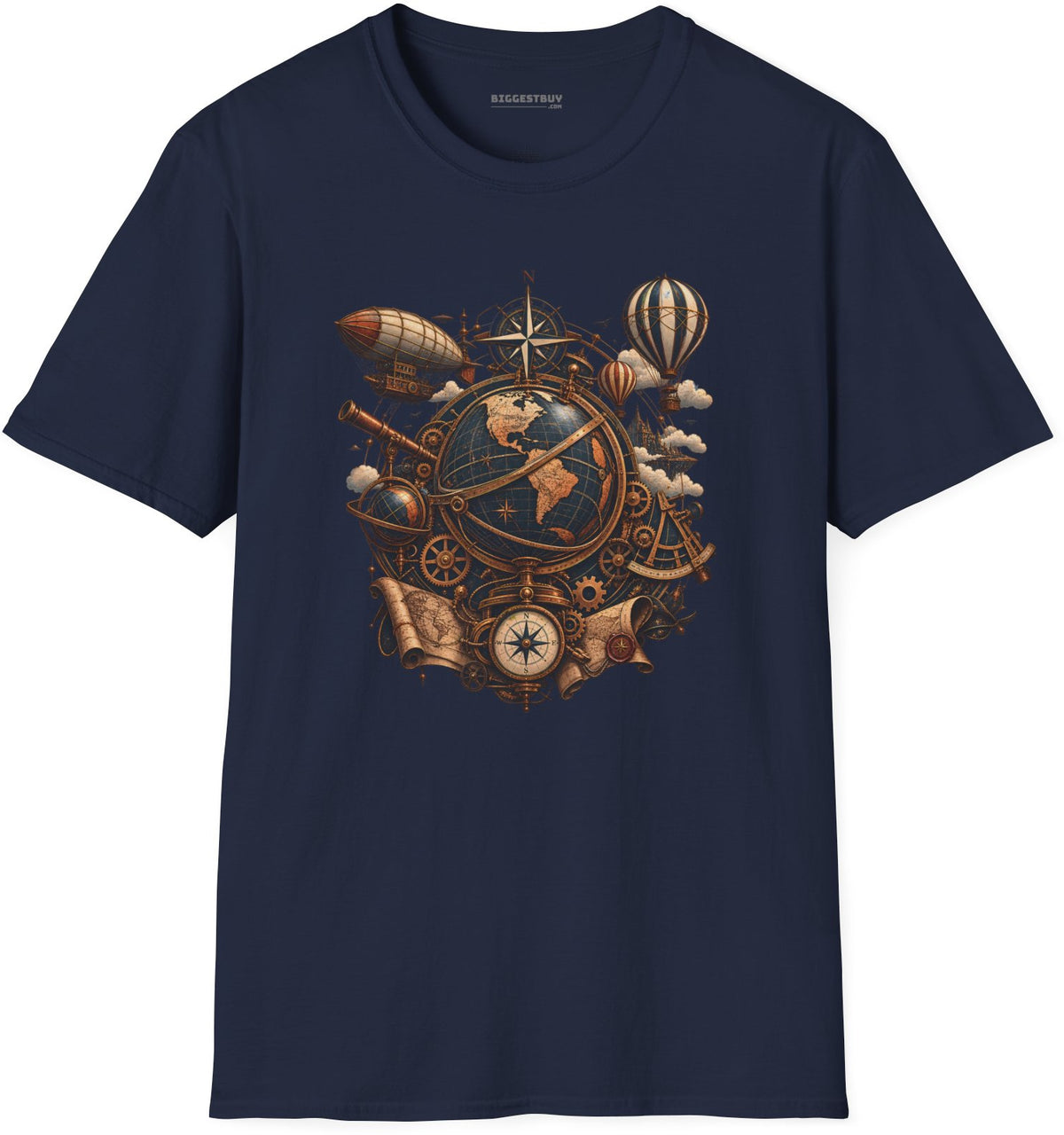 Steampunk Globe - Softstyle T-Shirt in Navy, front view