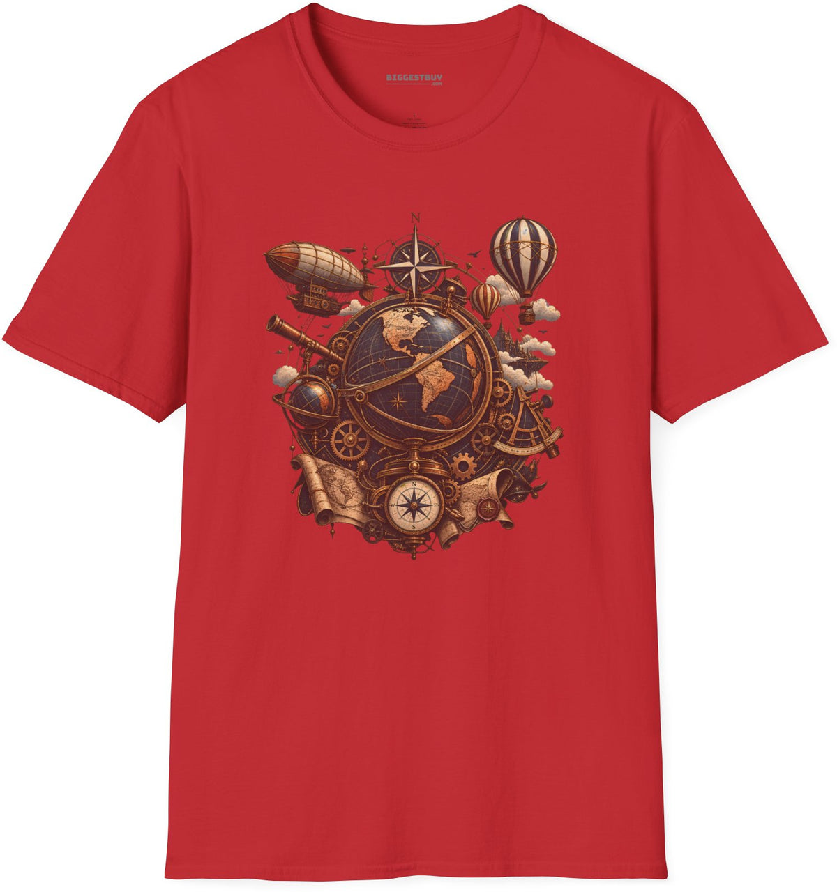 Steampunk Globe - Softstyle T-Shirt in Red, front view