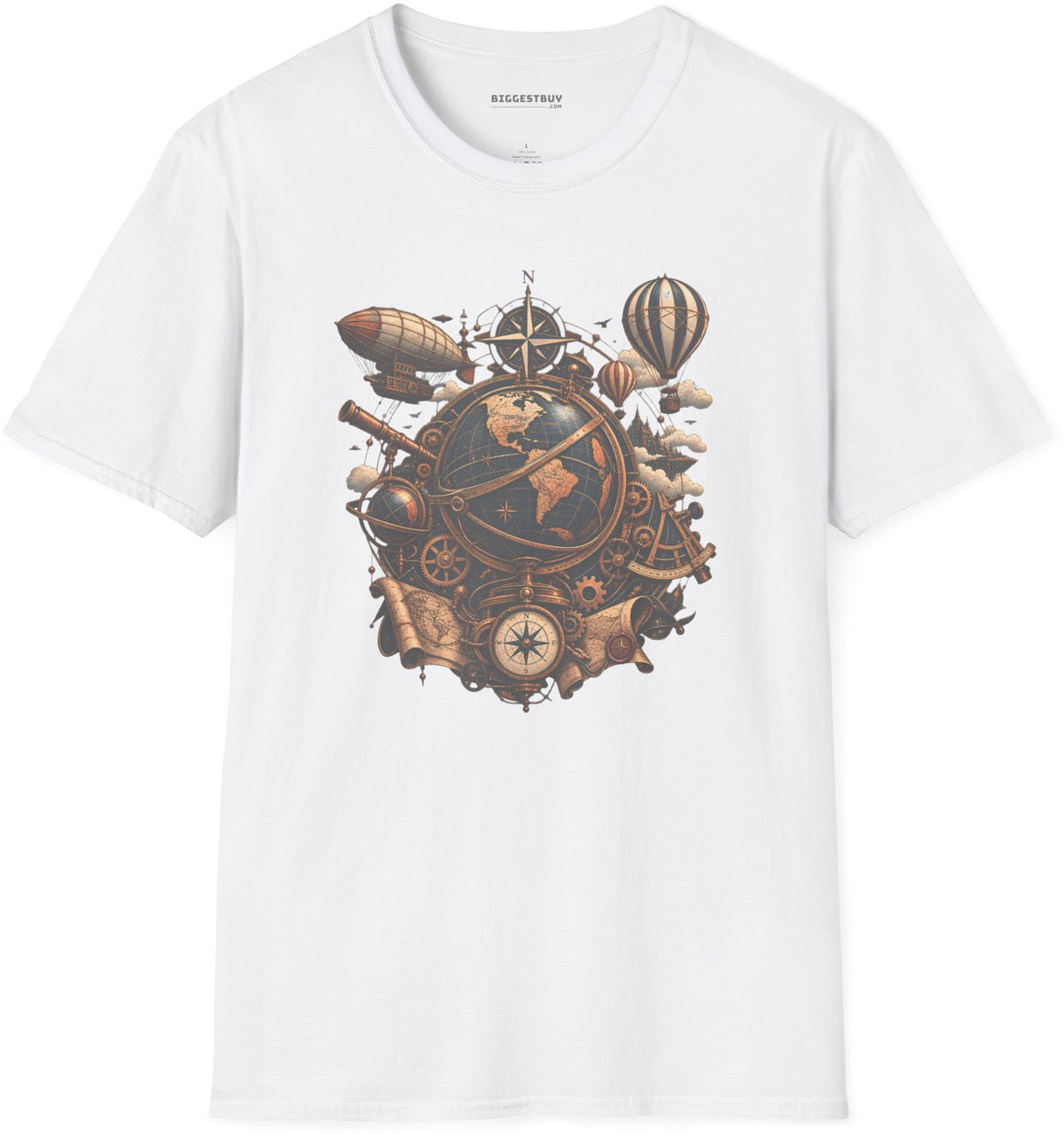 Steampunk Globe - Softstyle T-Shirt in White, front view