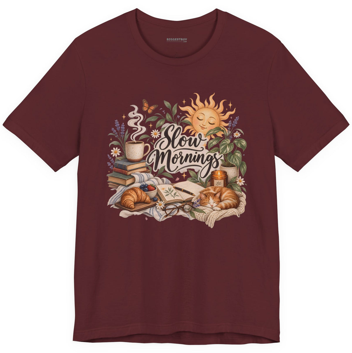 Sunrise Snuggles - Classic Jersey Tee in Maroon, front view