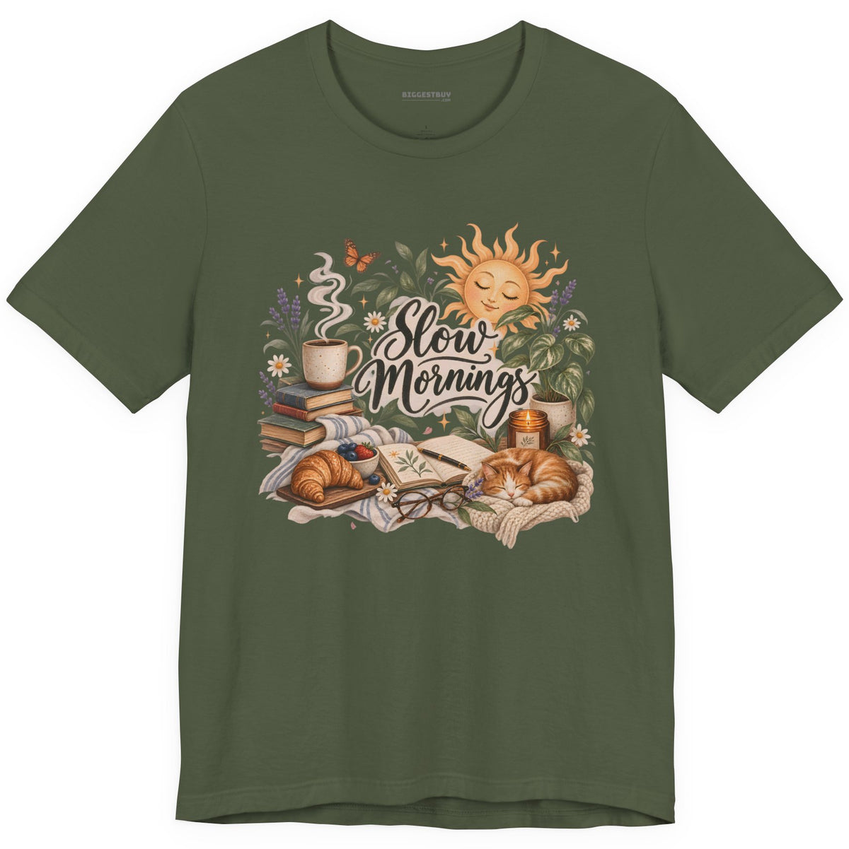 Sunrise Snuggles - Classic Jersey Tee in Military Green, front view