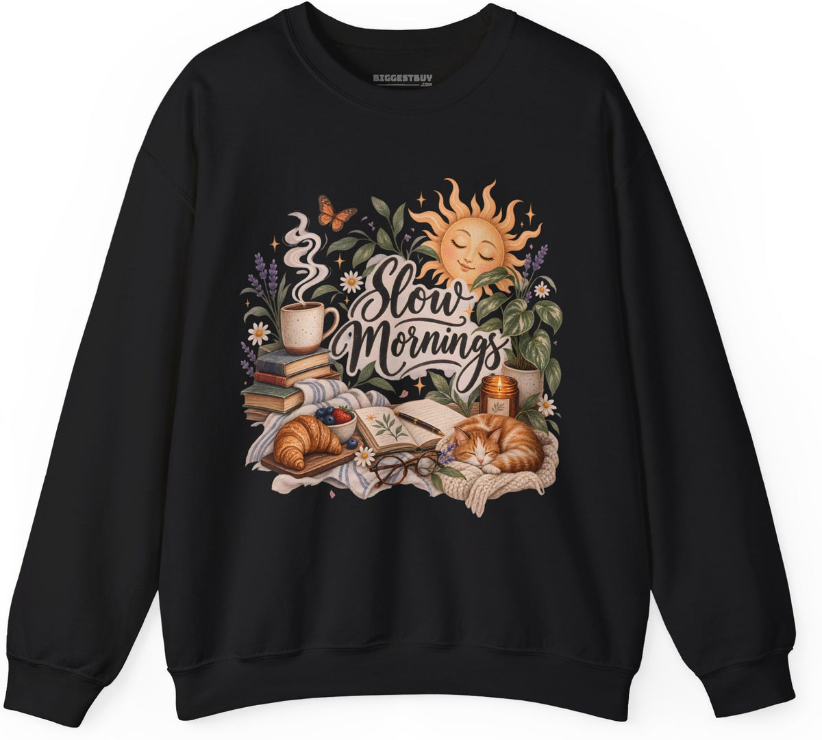 Sunrise Snuggles - Crewneck Sweatshirt in Black, front view