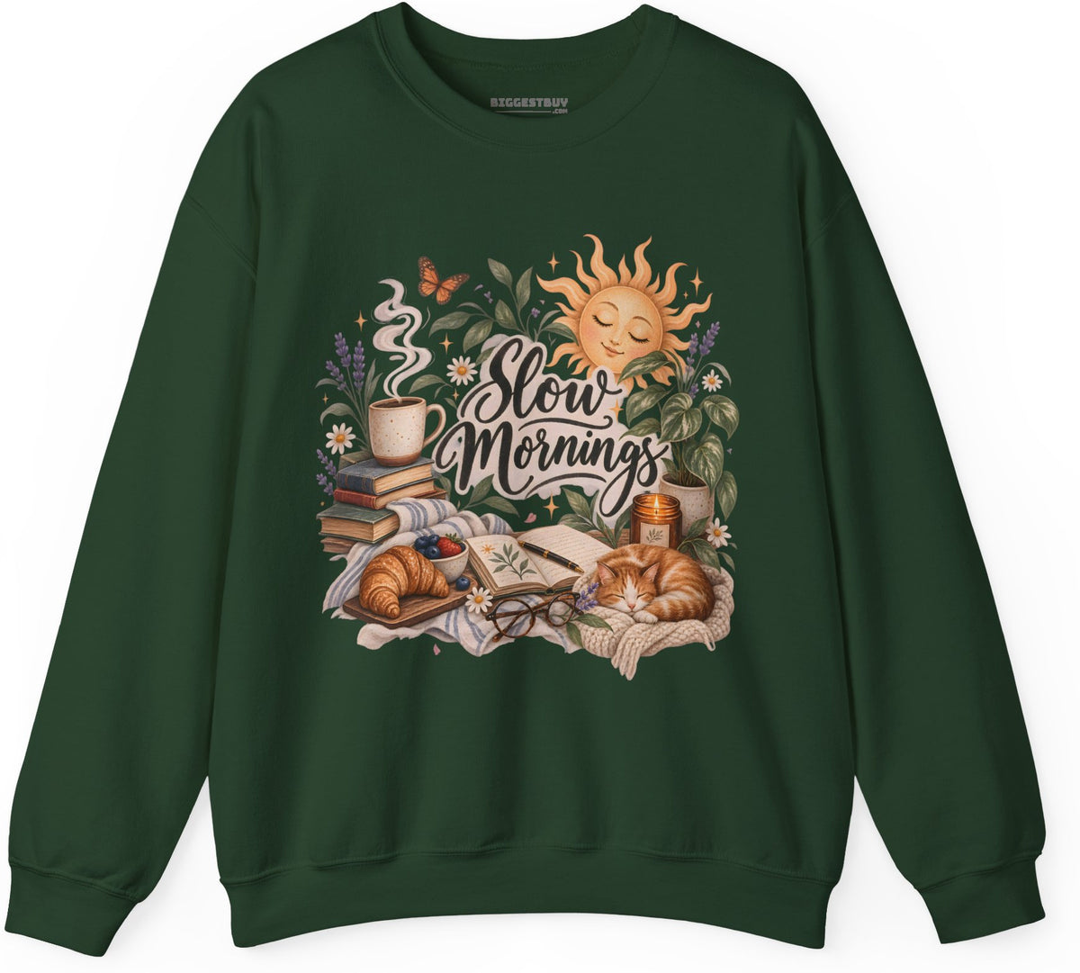 Sunrise Snuggles - Crewneck Sweatshirt in Forest Green, front view
