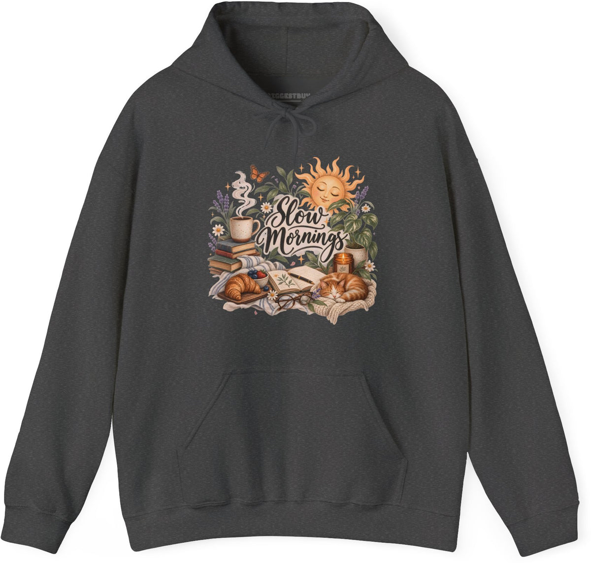 Sunrise Snuggles - Pullover Hoodie in Dark Heather, front view