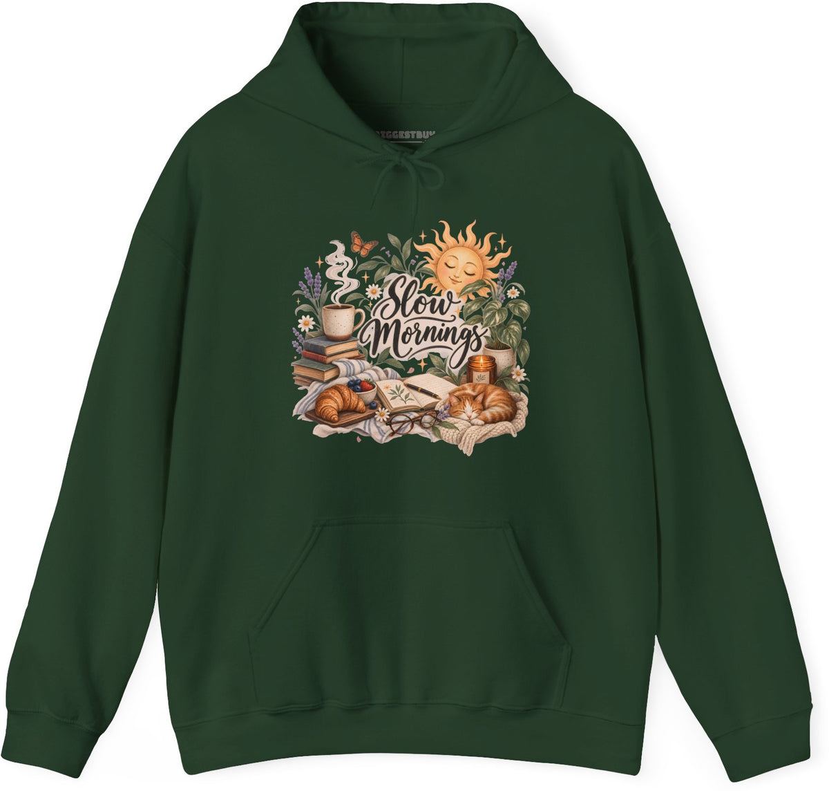 Sunrise Snuggles - Pullover Hoodie in Forest Green, front view