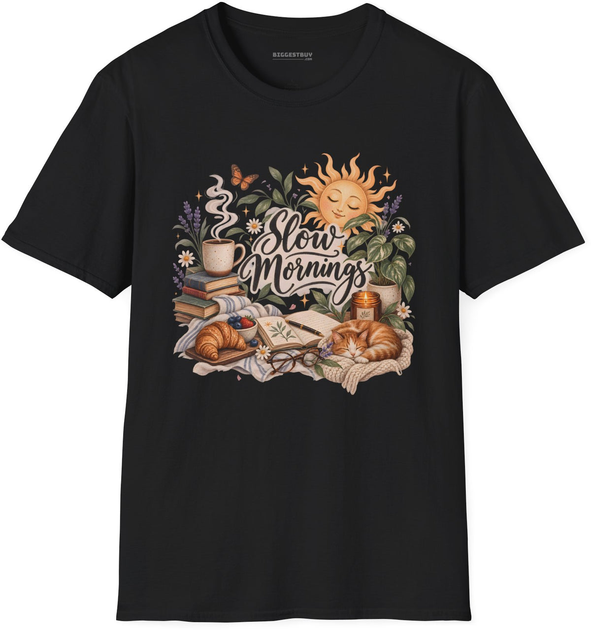 Sunrise Snuggles - Softstyle T-Shirt in Black, front view