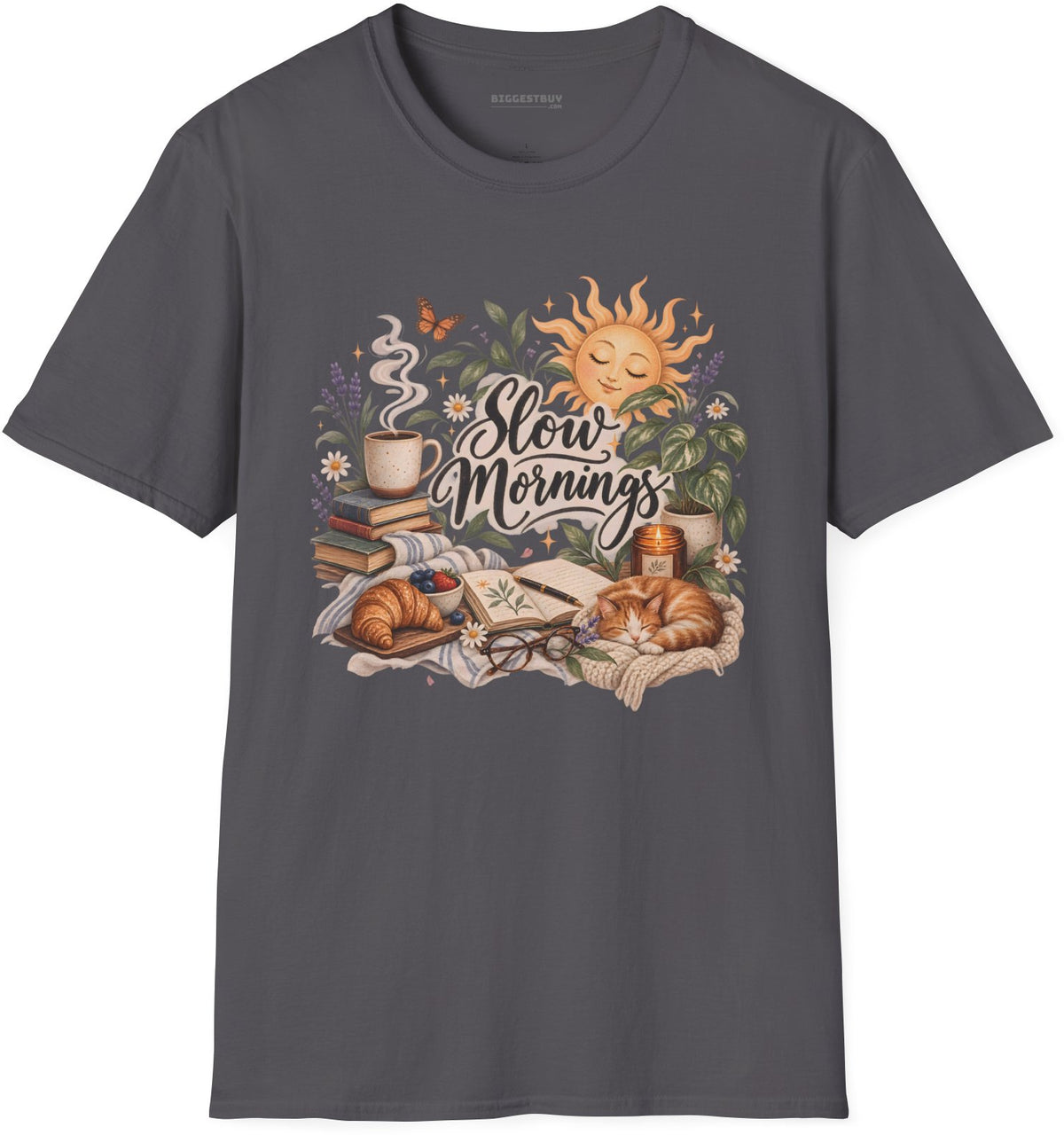 Sunrise Snuggles - Softstyle T-Shirt in Charcoal, front view