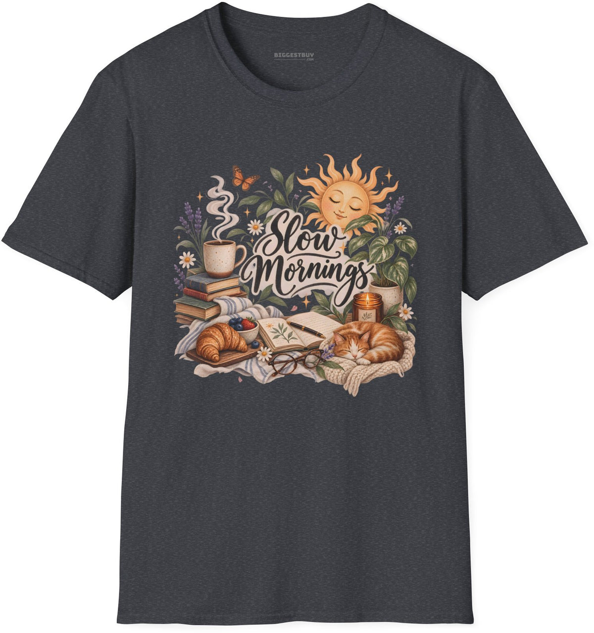 Sunrise Snuggles - Softstyle T-Shirt in Dark Heather Grey, front view