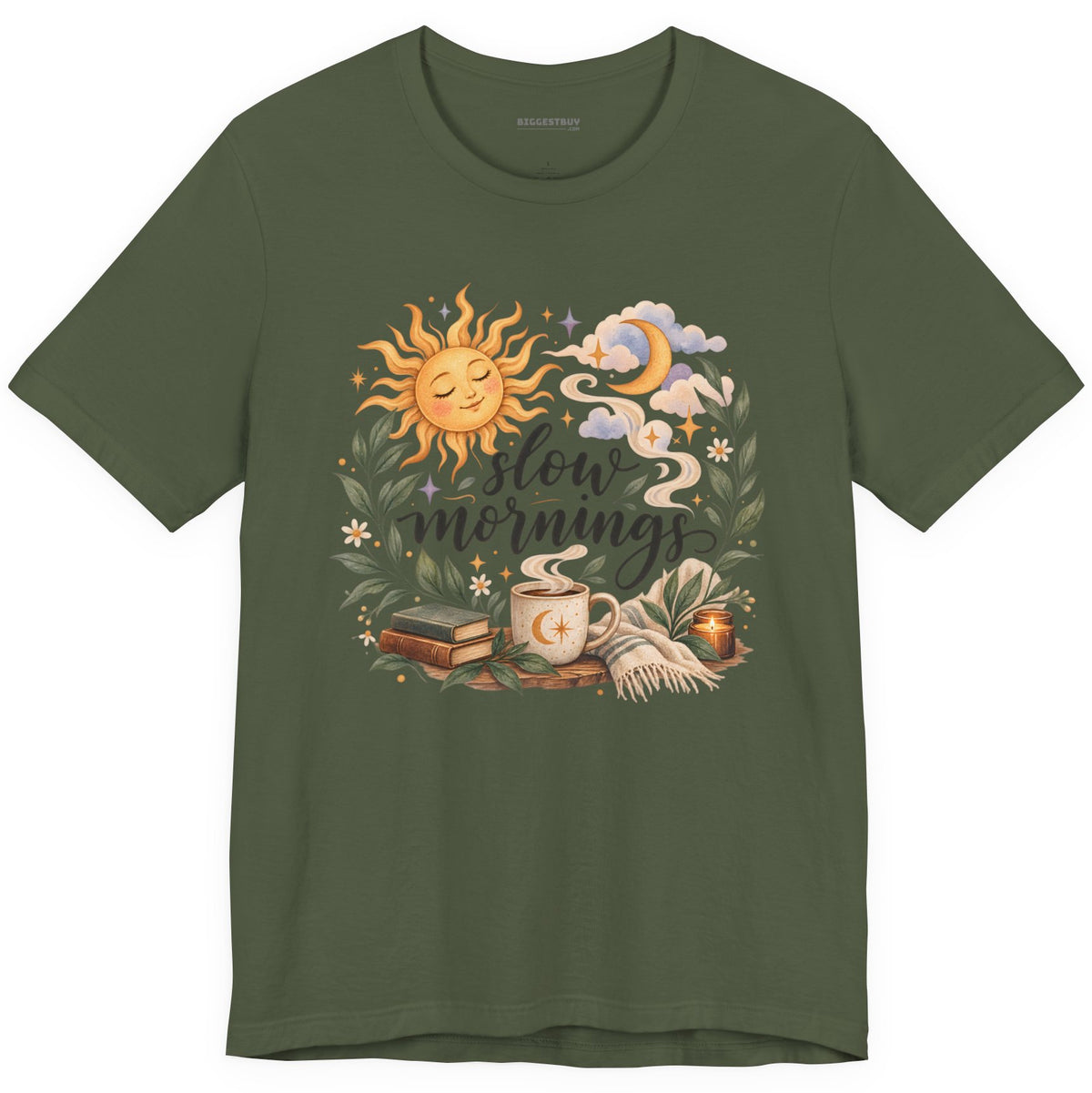 Sunshine Kisses - Classic Jersey Tee in Military Green, front view
