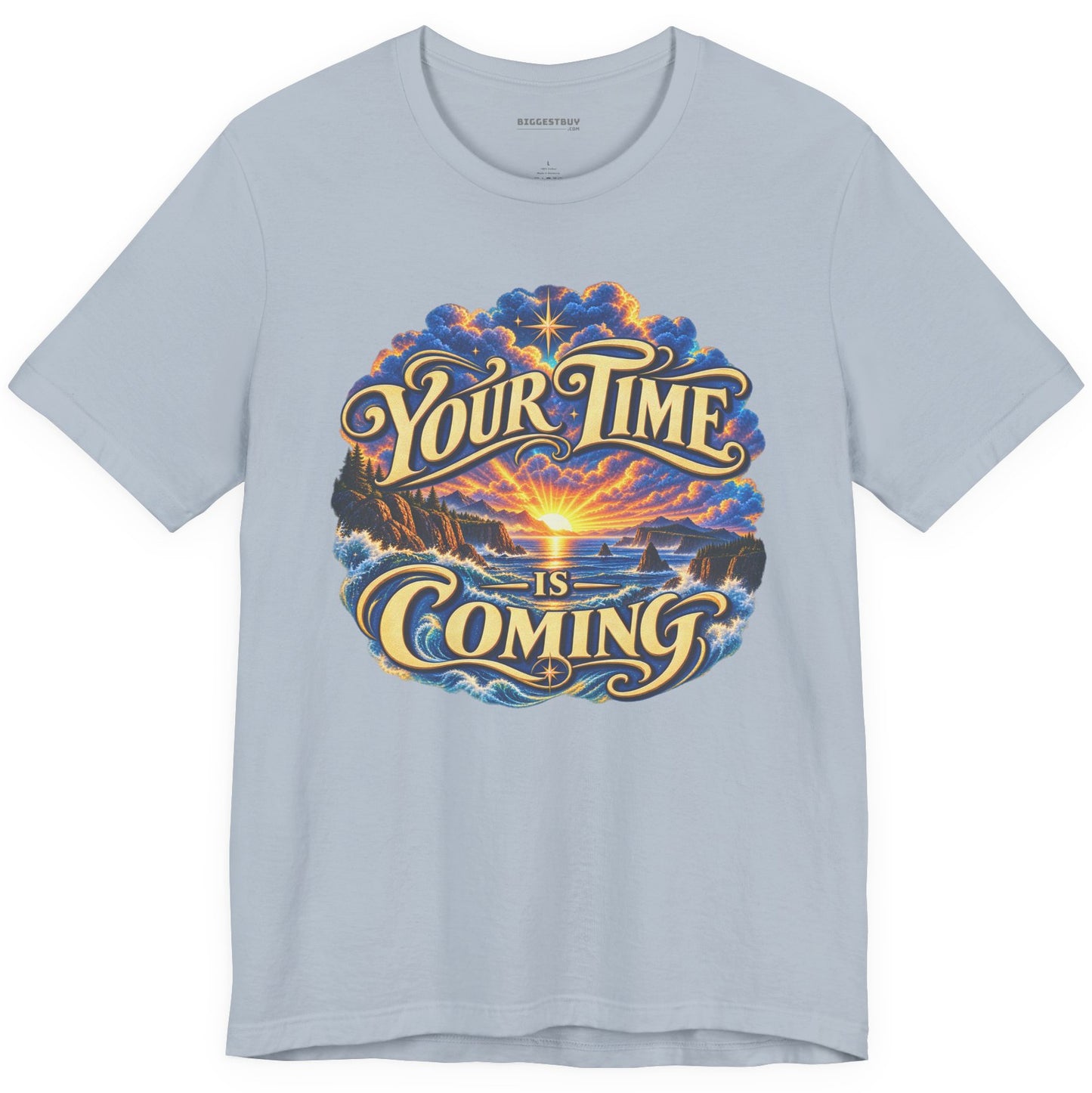 Times A-Comin - Classic Jersey Tee in Light Blue, front view