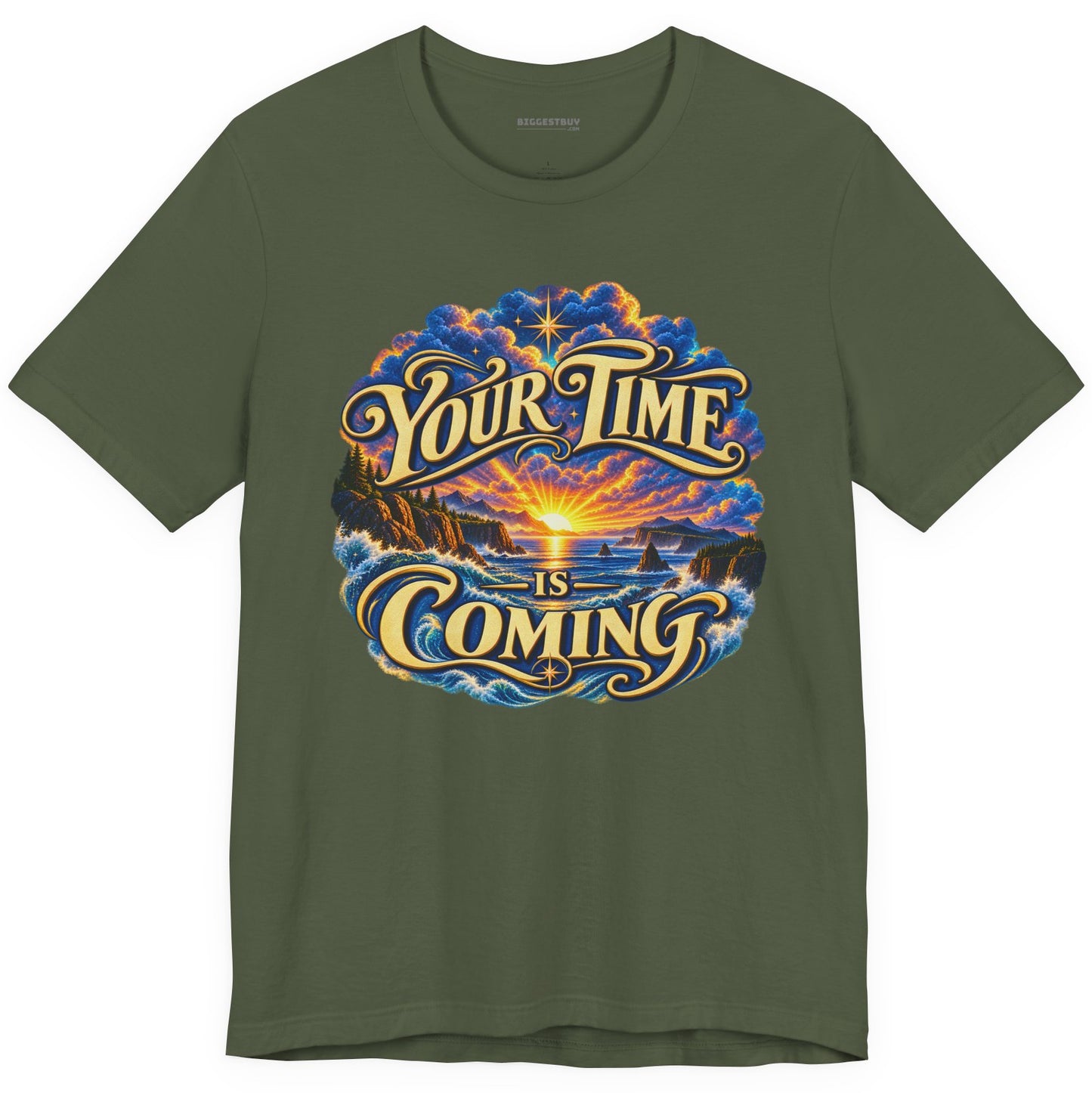 Times A-Comin - Classic Jersey Tee in Military Green, front view