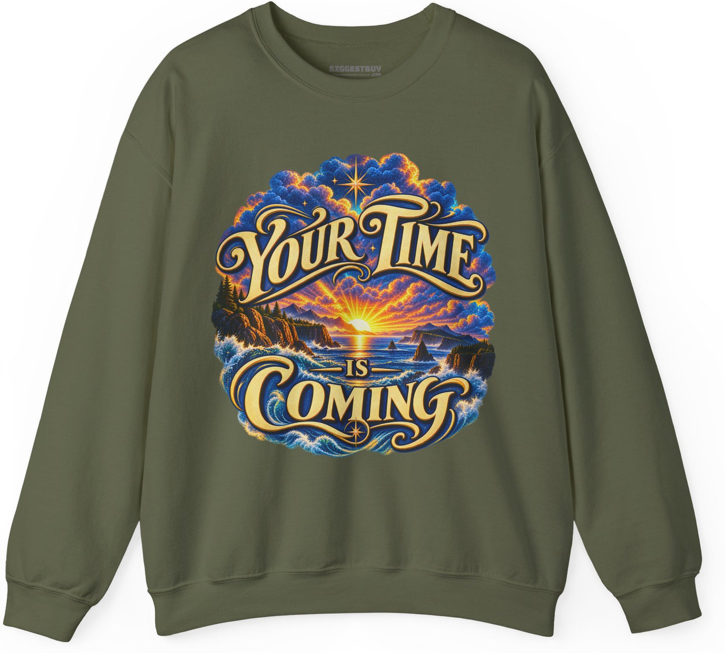 Times A-Comin - Crewneck Sweatshirt in Military Green, front view