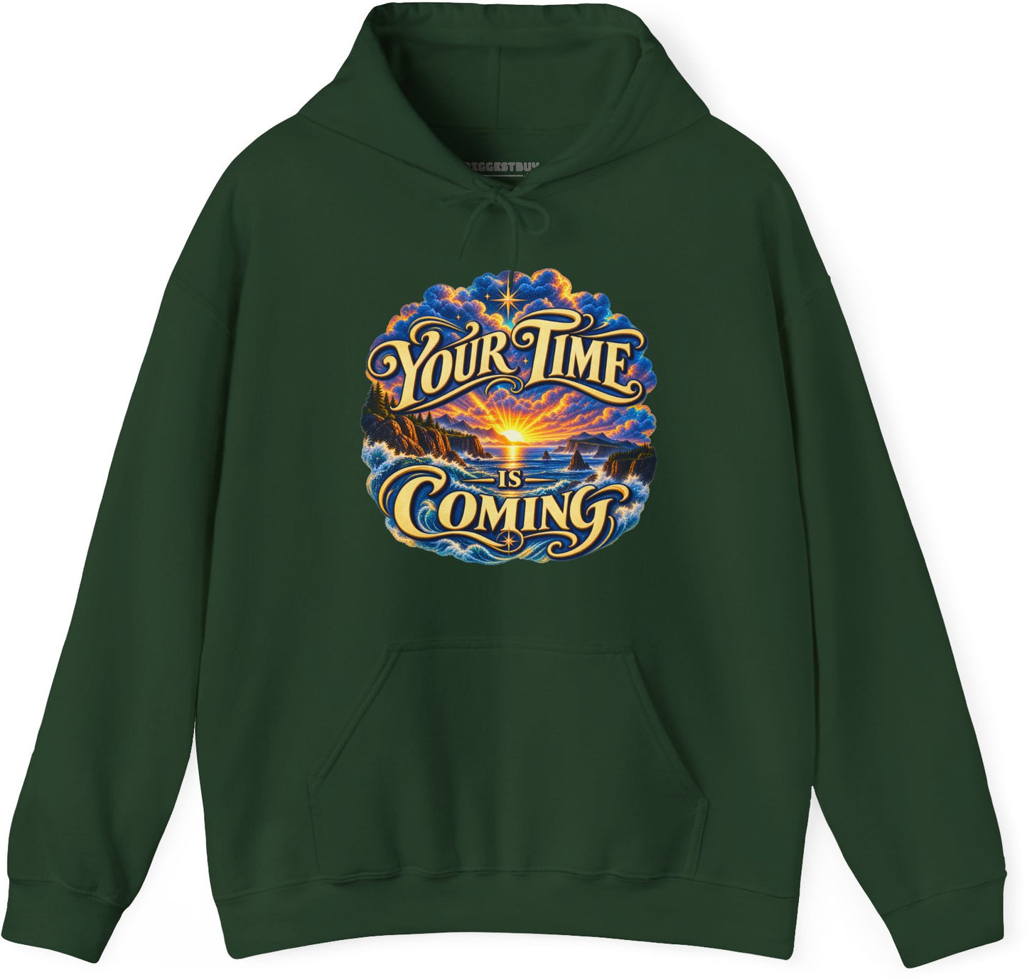Times A-Comin - Pullover Hoodie in Forest Green, front view