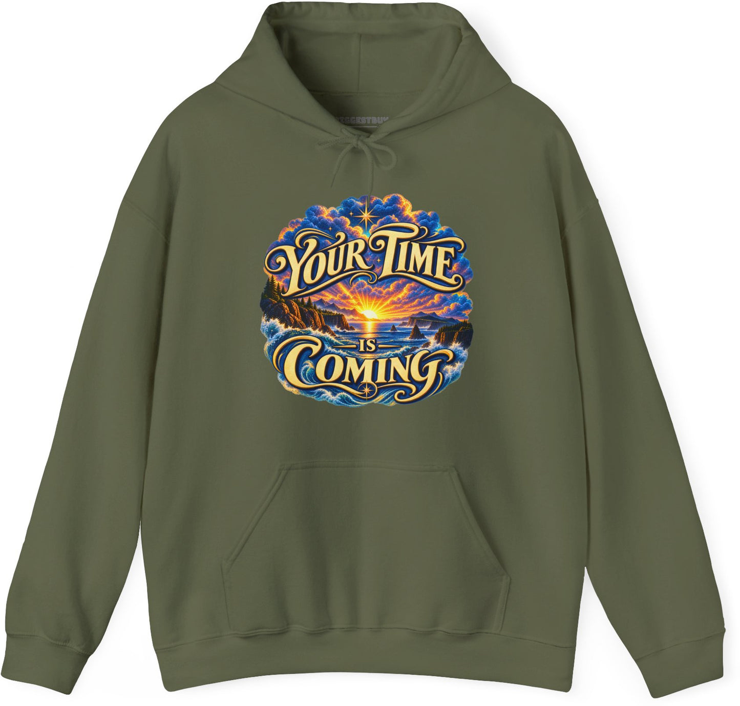 Times A-Comin - Pullover Hoodie in Military Green, front view