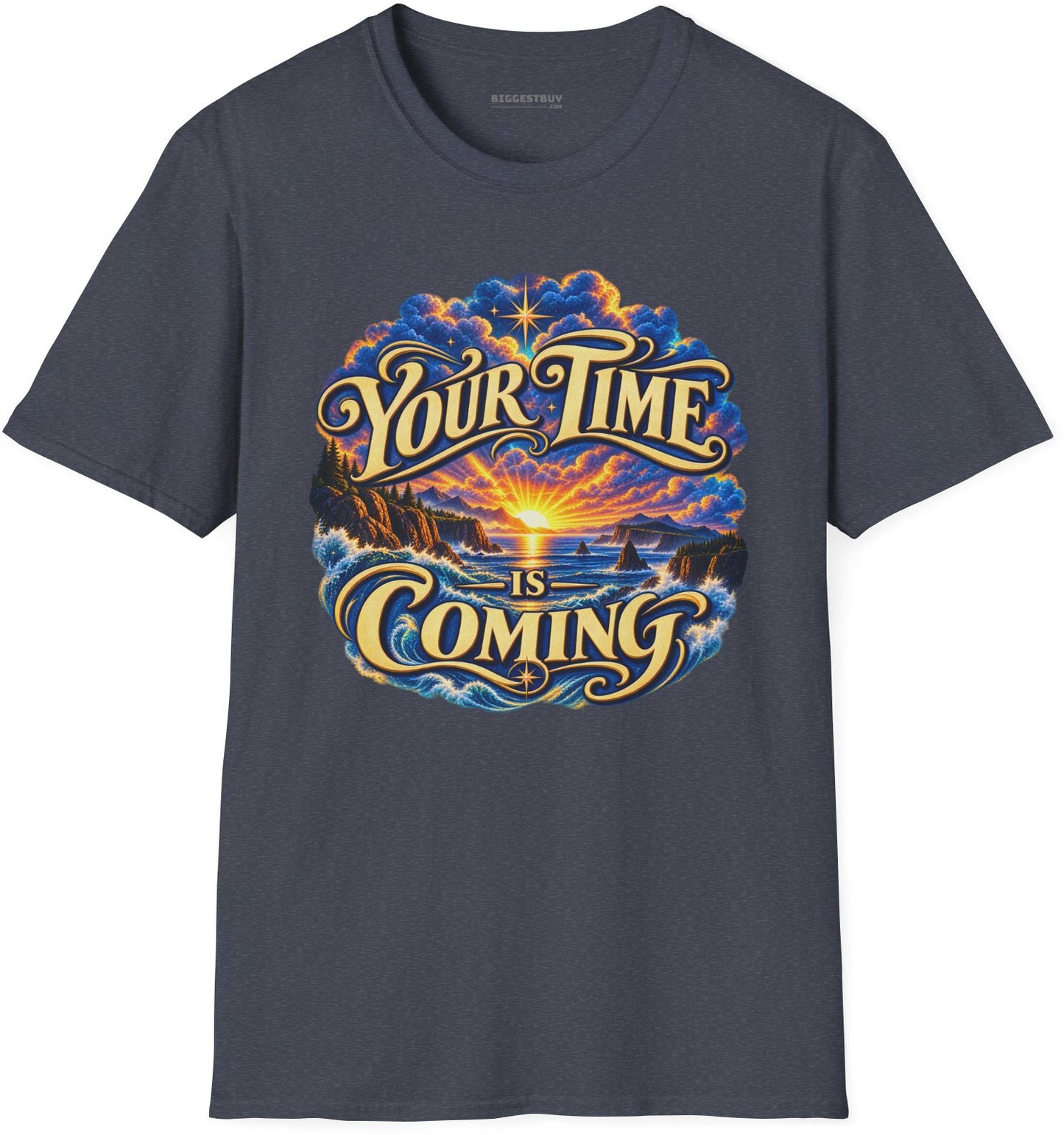Times A-Comin - Softstyle T-Shirt in Heather Navy, front view