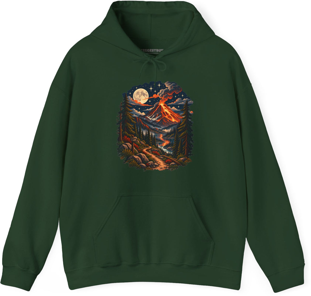 Volcanic Visions - Pullover Hoodie in Forest Green, front view