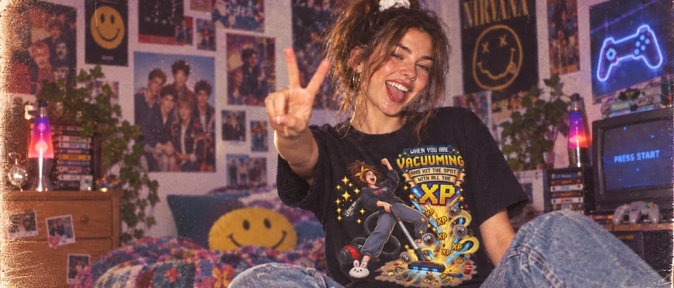 Woman wearing a black graphic T-shirt in a nostalgic 1990s bedroom