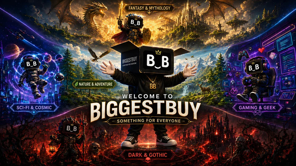 Five BiggestBuy mascots representing Fantasy and Mythology, Gaming and Geek, Dark and Gothic, Sci-Fi and Cosmic, and Nature and Adventure collections